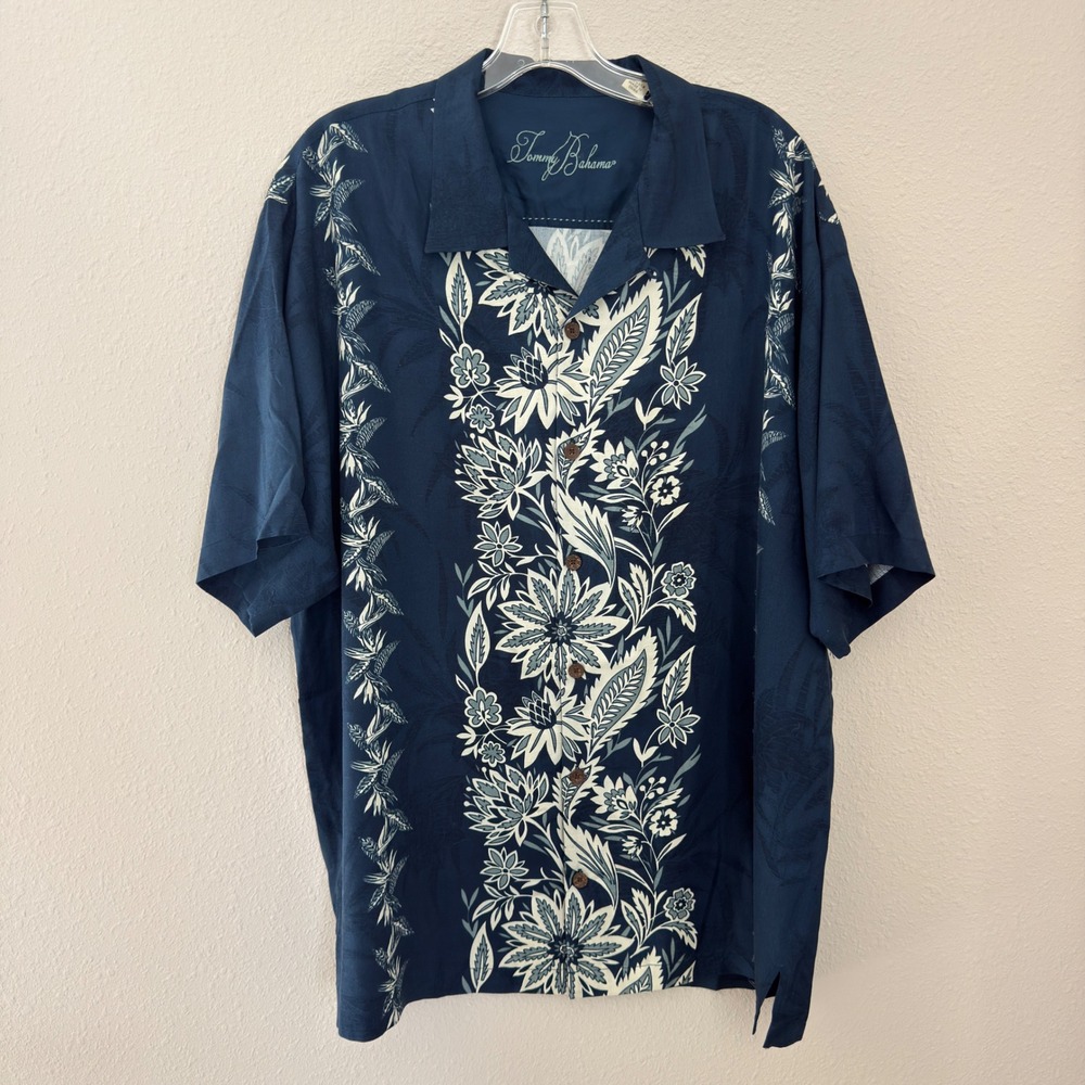 Tommy Bahama Silk Button Down Shirt XL Blue Floral Coastal Resortwear Preppy